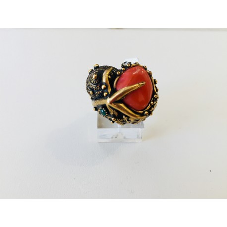 Alcozer Anello in Ottone Dorato con Corallo
